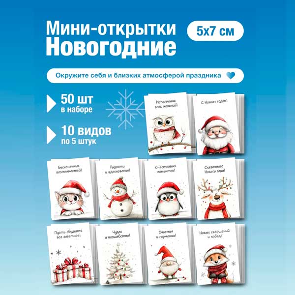 Набор мини открыток на Новый год, подарок, 50 шт(арт. minicard-009)