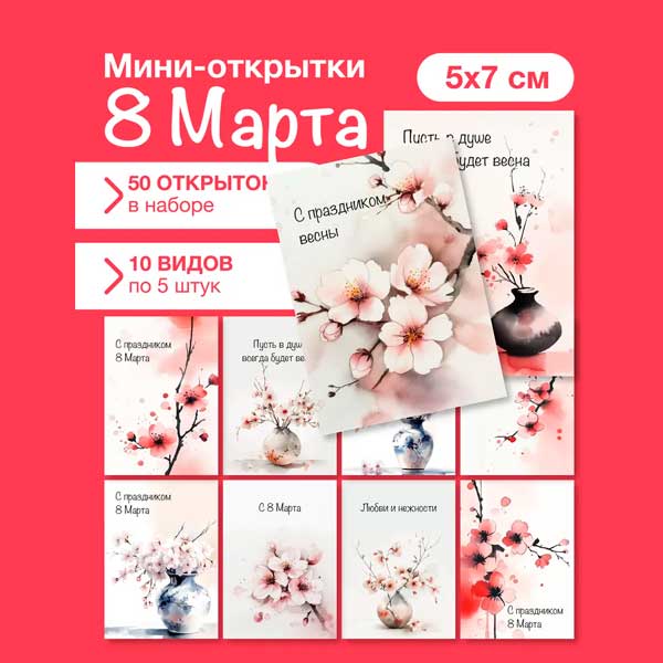 Набор мини открыток на 8 марта, подарок, 50 шт(арт. minicard-018)