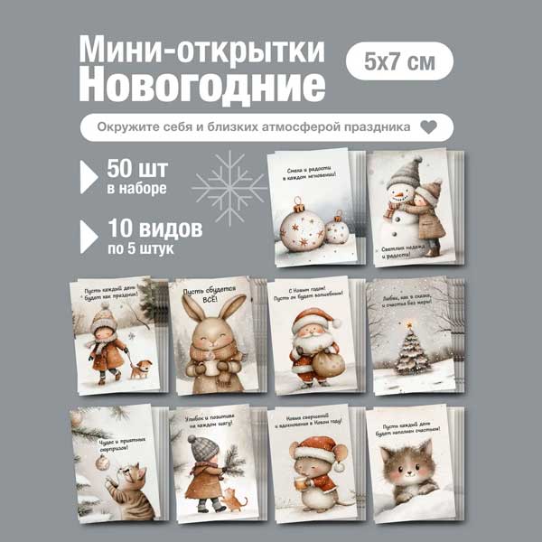 Набор мини открыток на Новый год, подарок, 50 шт(арт. minicard-019)